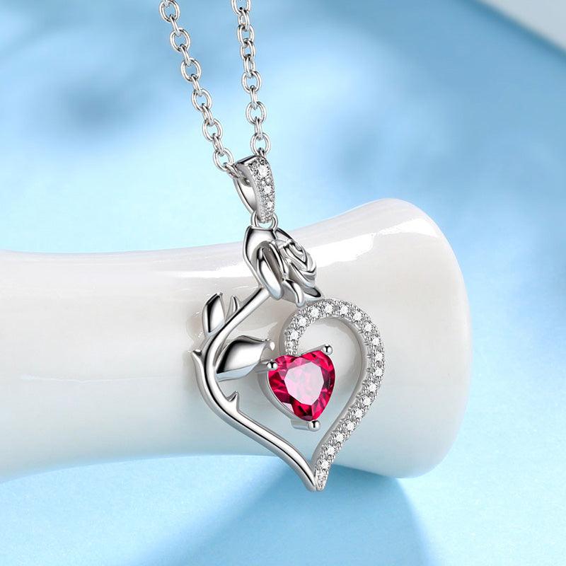 Tokyo Mart July Ruby Necklace Women Heart Birthstone Pendant Flower Rose Jewelry Birthday Gifts