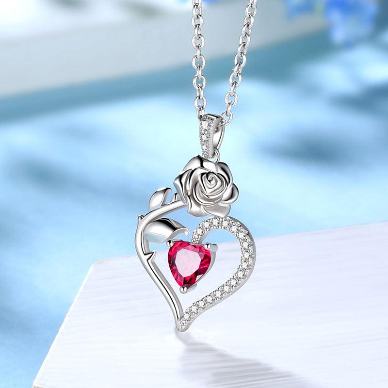 Tokyo Mart July Ruby Necklace Women Heart Birthstone Pendant Flower Rose Jewelry Birthday Gifts