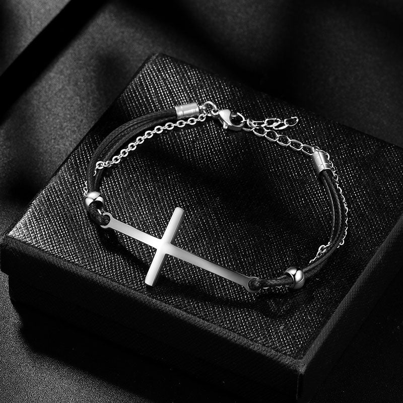 Tokyo Mart Herren Kreuz Armband Schmuck Leder Schwarz Geflochtene Armbänder Edelstahl