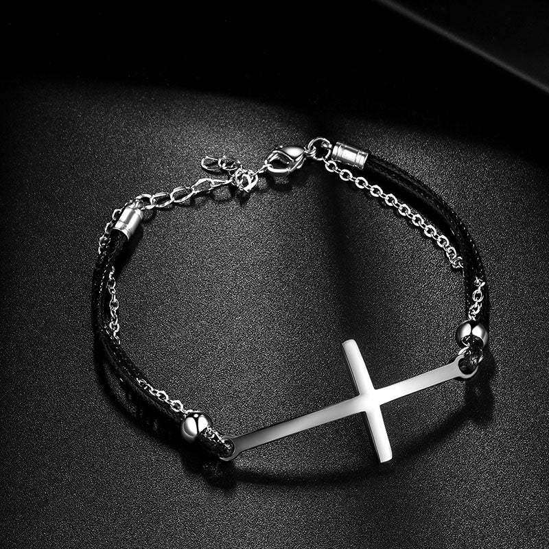 Tokyo Mart Herren Kreuz Armband Schmuck Leder Schwarz Geflochtene Armbänder Edelstahl