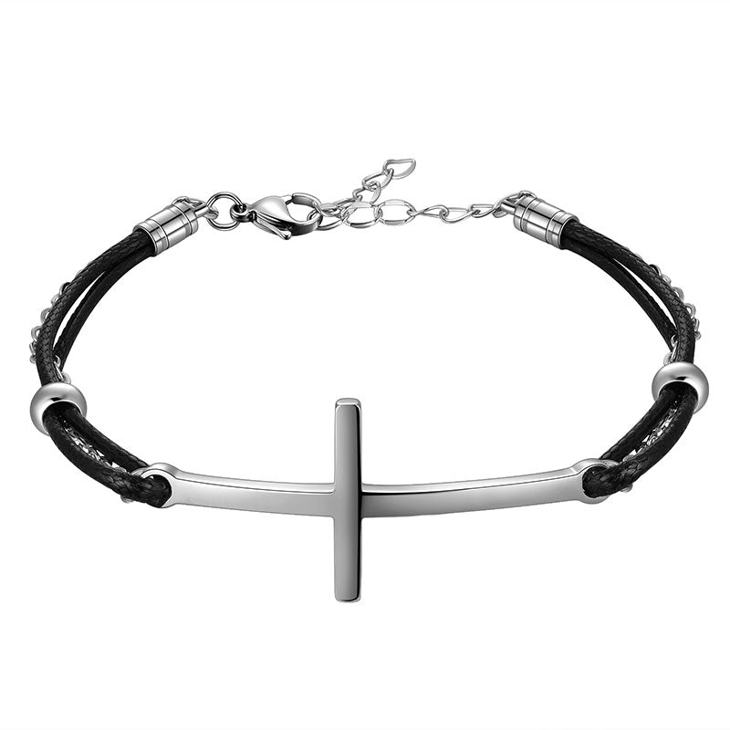 Tokyo Mart Herren Kreuz Armband Schmuck Leder Schwarz Geflochtene Armbänder Edelstahl