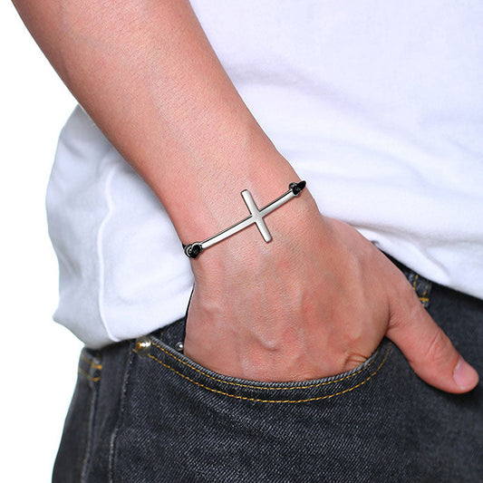 Tokyo Mart Herren Kreuz Armband Schmuck Leder Schwarz Geflochtene Armbänder Edelstahl