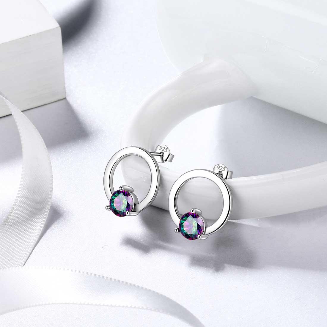 Tokyo Mart Mystic Topaz Stud Earrings Women Jewelry Sterling Silver Hollow Round