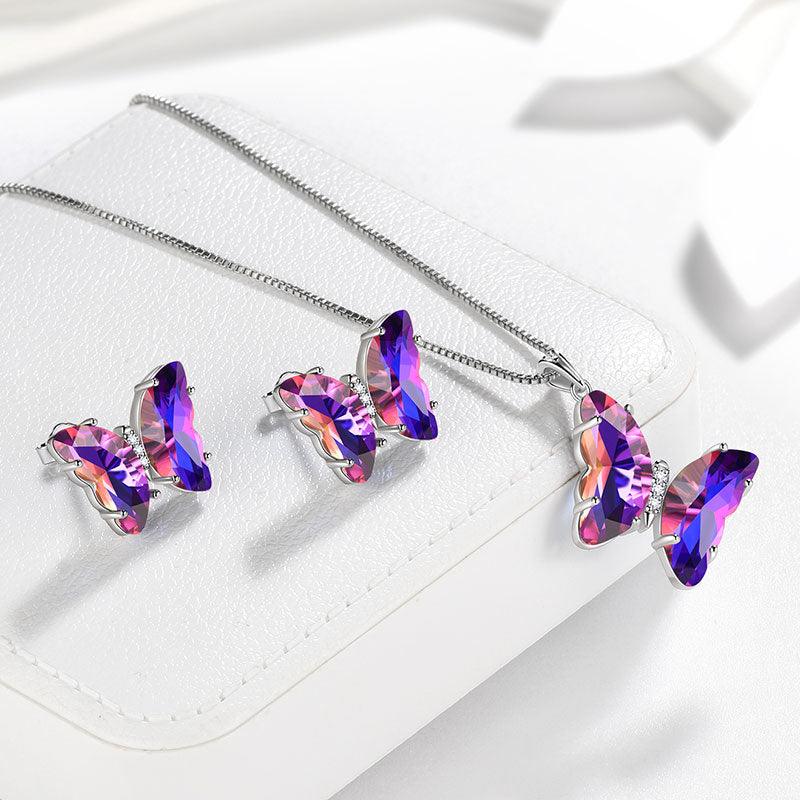 Tokyo Mart Schmuckset mit lila Schmetterlingen, 3-teilig, Amethyst-Geburtsstein für Februar, Geburtstagsgeschenk für Frauen und Mädchen