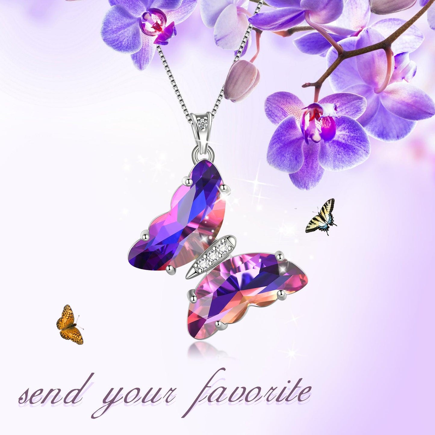 Tokyo Mart Halskette mit violettem Schmetterling, Geburtsstein-Anhänger mit Amethyst, Februar, für Damen und Mädchen, Schmuck, Geburtstagsgeschenk