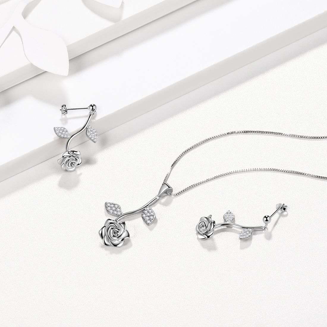 Tokyo Mart Rose Blume Schmuck Set Halskette Ohrringe Frauen Schmuck 925 Sterling Silber