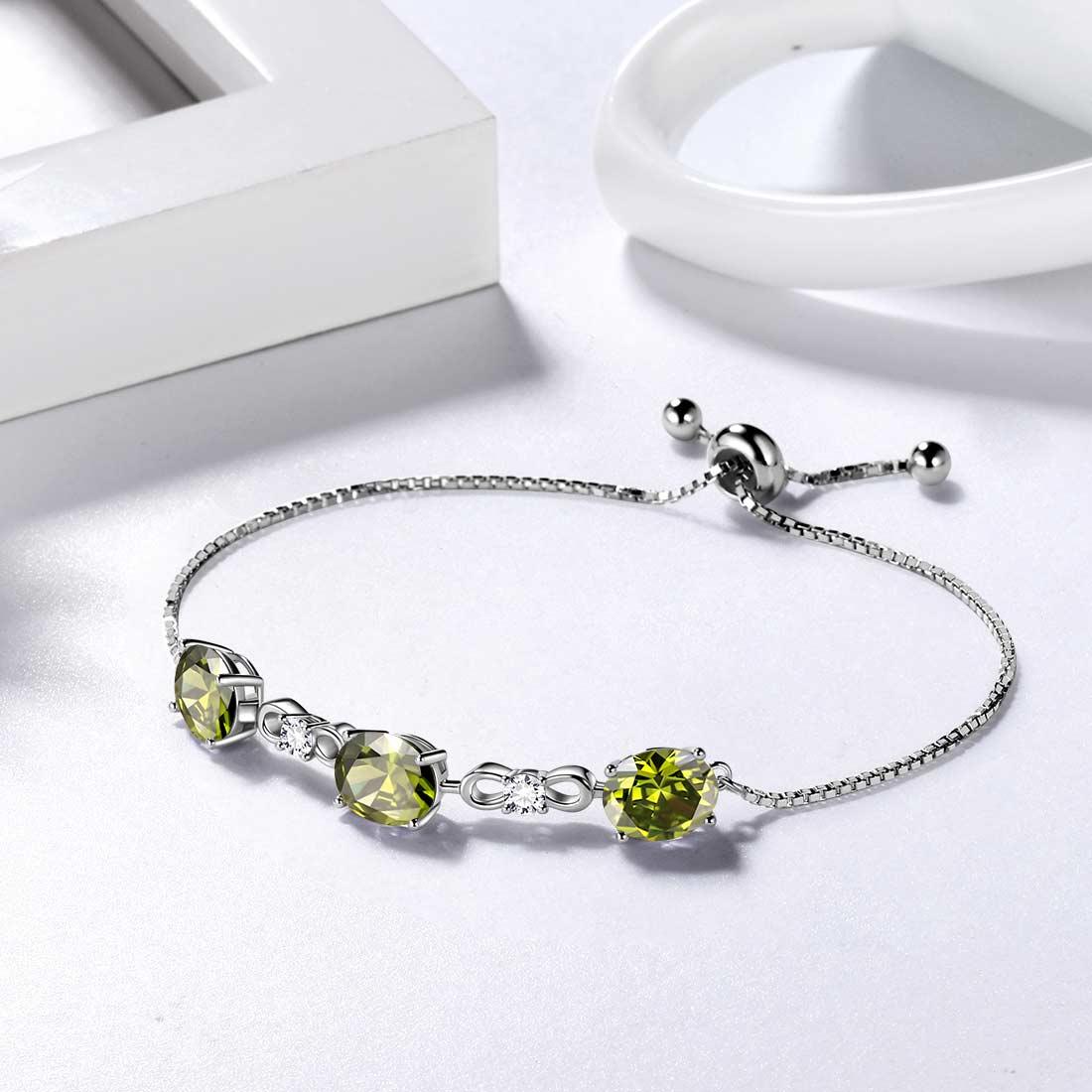 Tokyo Mart Armband mit rundem Geburtsstein, Peridot, für Damen und Mädchen, Sterling-Silber 925