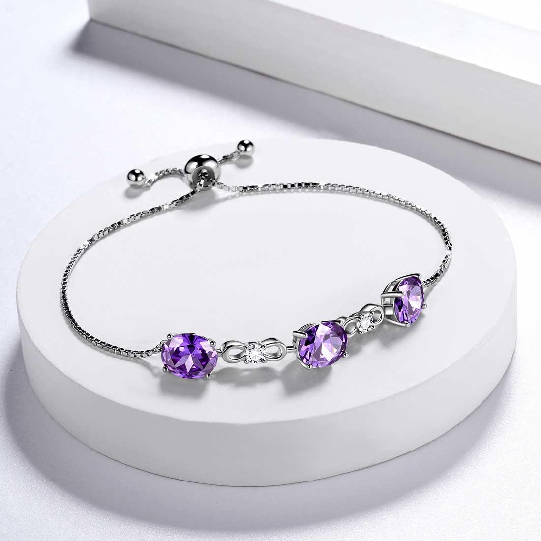 Tokyo Mart Armband mit rundem Geburtsstein, Amethyst, für Damen und Mädchen, Sterling-Silber 925