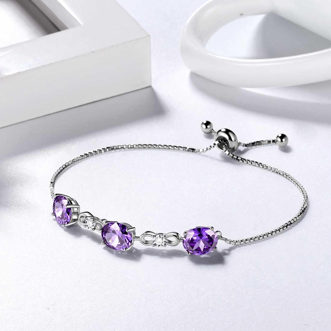 Tokyo Mart Armband mit rundem Geburtsstein, Amethyst, für Damen und Mädchen, Sterling-Silber 925