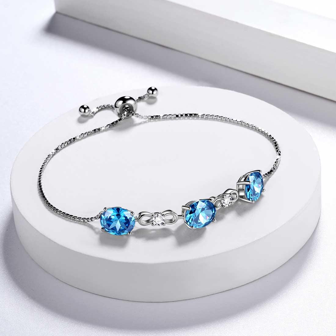 Tokyo Mart Round Birthstone March Aquamarine Bracelet Women Girls Jewelry Birthday Gift Sterling Silver