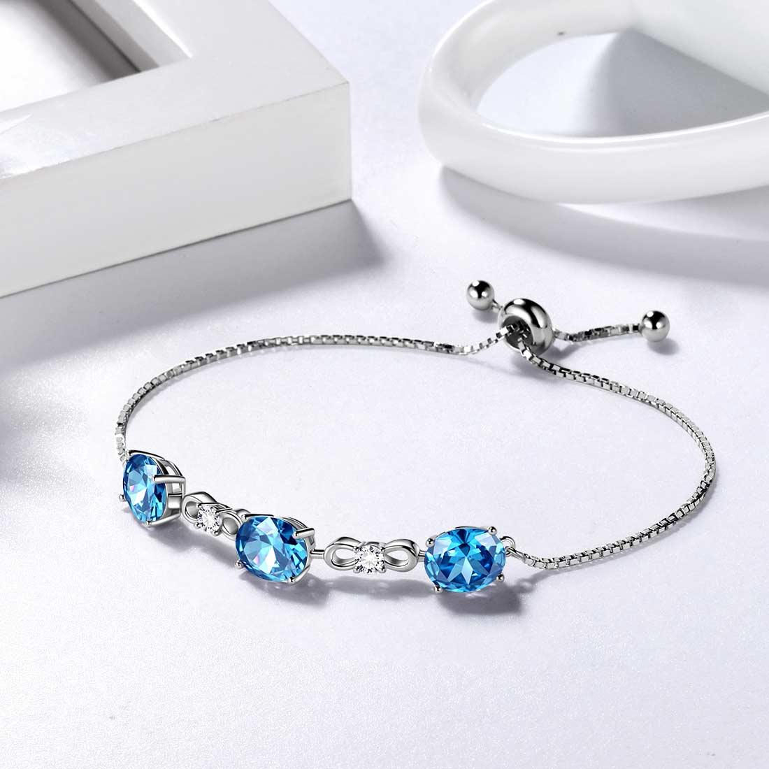 Tokyo Mart Round Birthstone March Aquamarine Bracelet Women Girls Jewelry Birthday Gift Sterling Silver