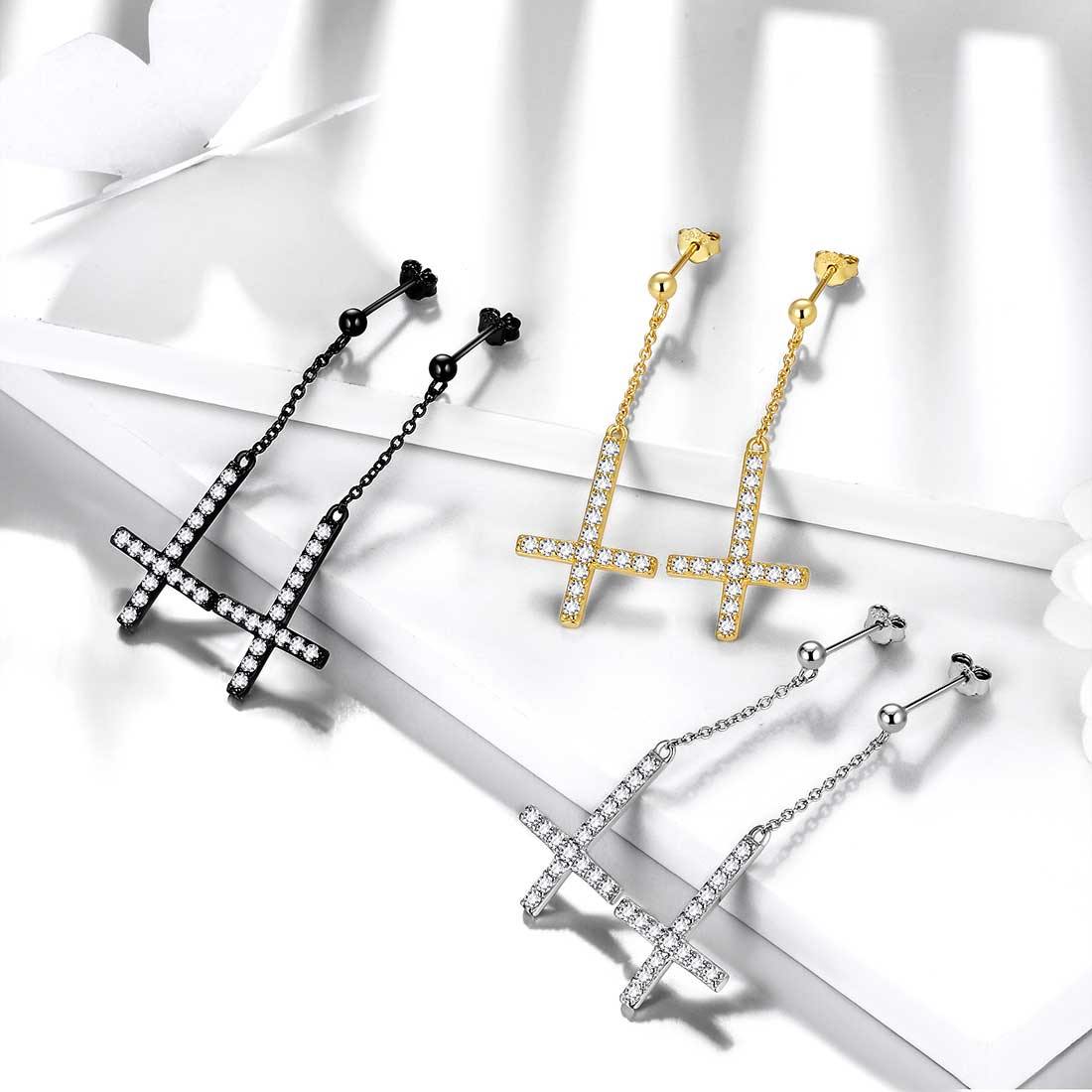 Tokyo Mart Upside Down Cross Dangle Earrings Women Mens Jewelry Sterling Silver