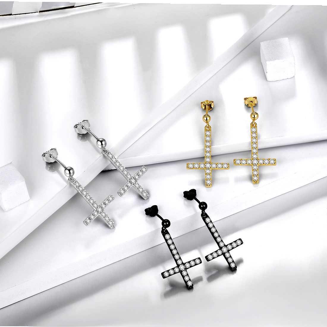 Tokyo Mart Upside Down Kreuz Ohrringe Damen Herren Schmuck Sterling Silber