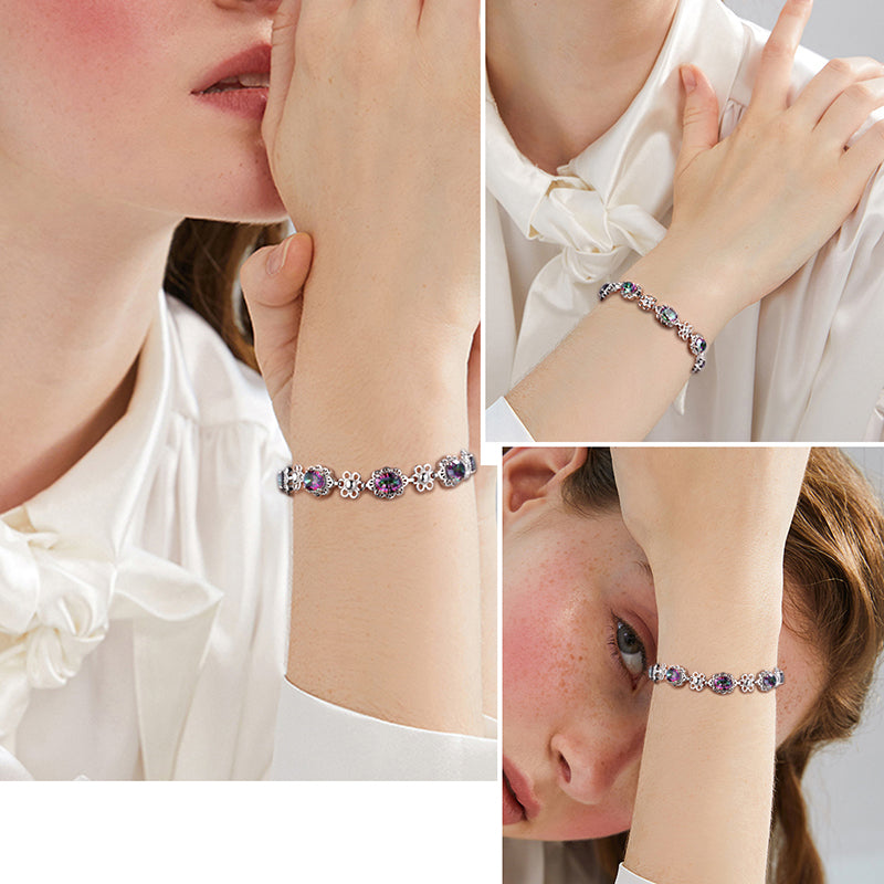 Tokyo Mart Women Vintage Tennis Bracelet Rainbow Mystic Topaz Jewelry Flower Oval Girls Gifts 925 Sterling Silver