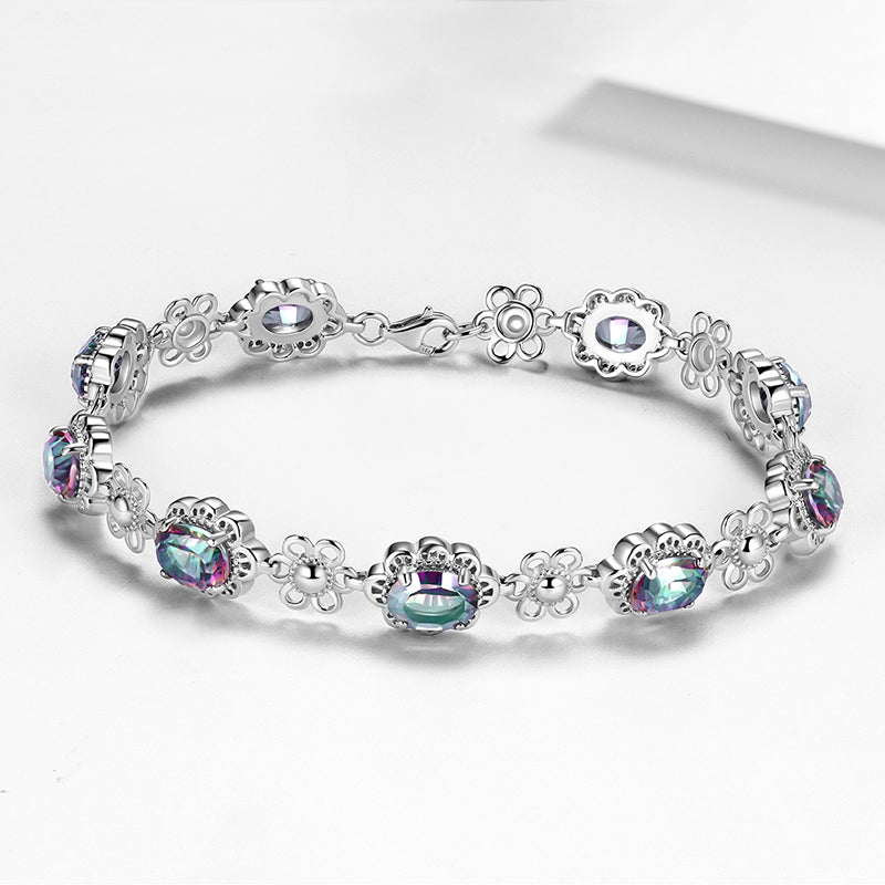 Tokyo Mart Women Vintage Tennis Bracelet Rainbow Mystic Topaz Jewelry Flower Oval Girls Gifts 925 Sterling Silver