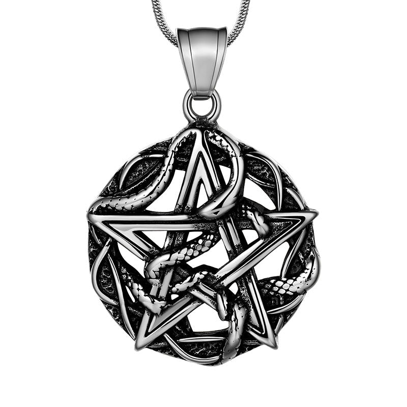 Tokyo Mart Herren-Halskette mit Wicca-Anhänger und Pentagramm, verschlungene Schlange, Schmuck aus 316L Edelstahl