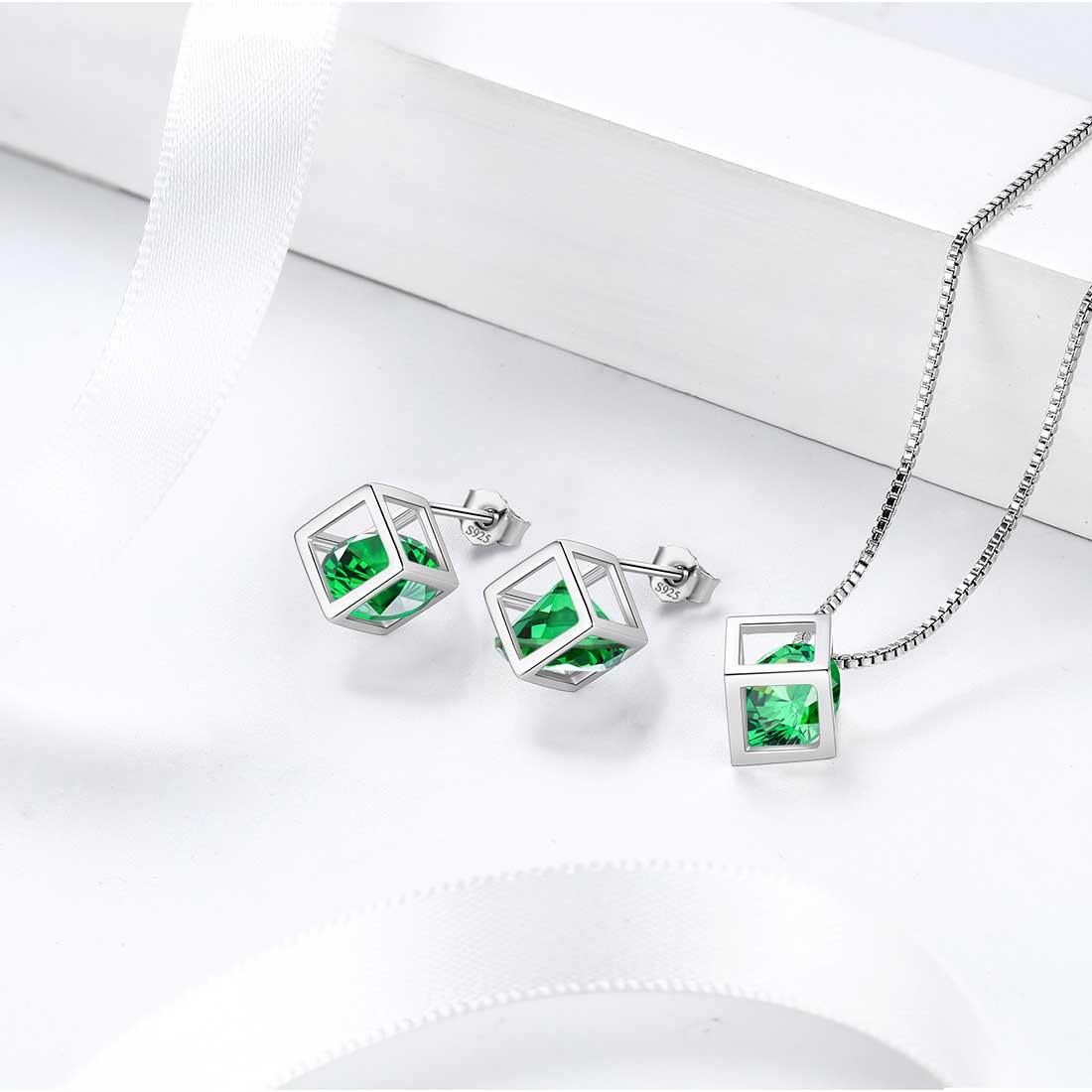 Tokyo Mart 3D Cube Birthstone May Emerald Necklace Pendant Women Girls Jewelry Birthday Gift