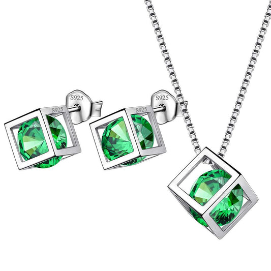 Tokyo Mart 3D Cube Birthstone May Emerald Jewelry Set 3PCS Women Girls Birthday Gift