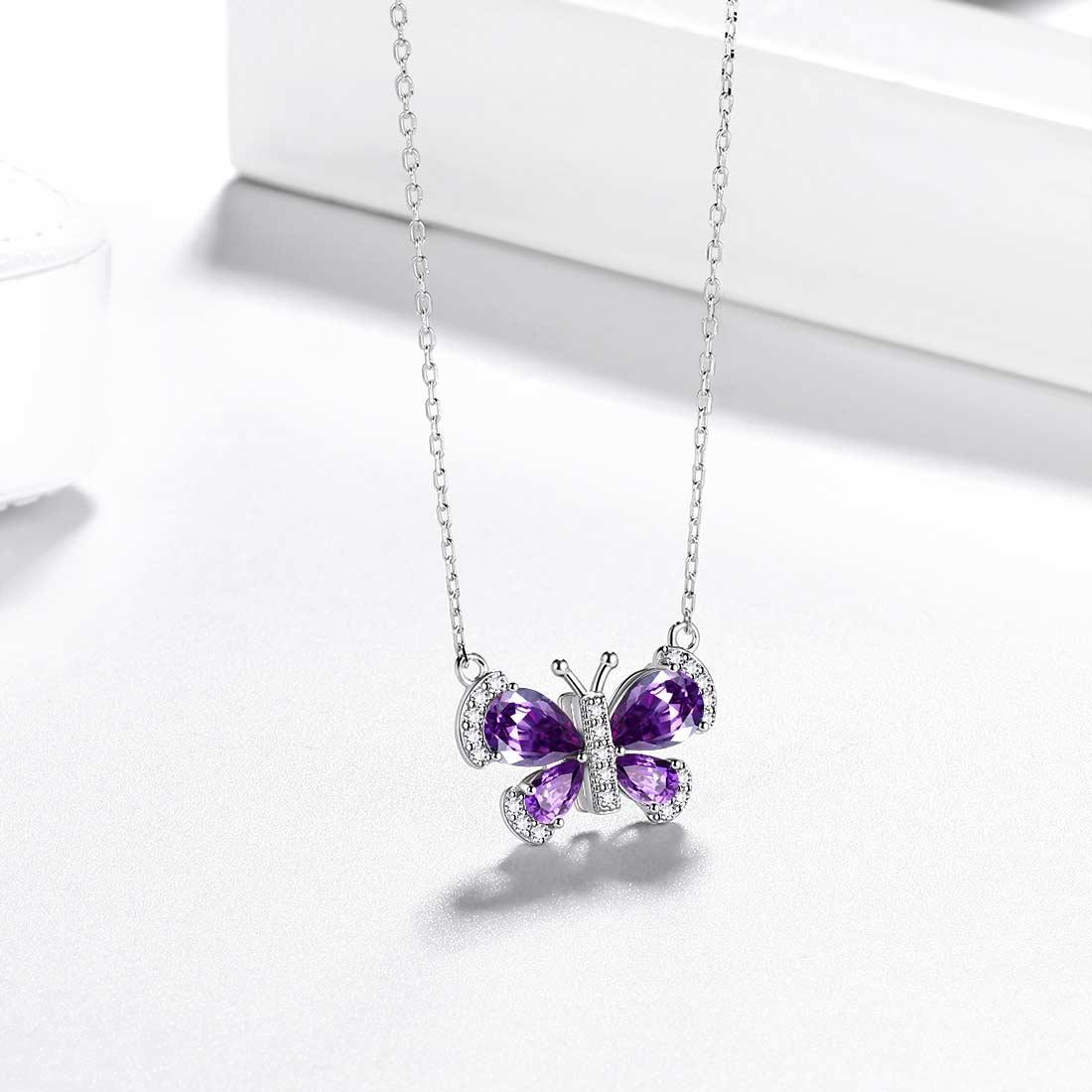 Tokyo Mart Butterfly Necklace Birthstone February Amethyst Pendant Women Girls Jewelry Birthday Gift