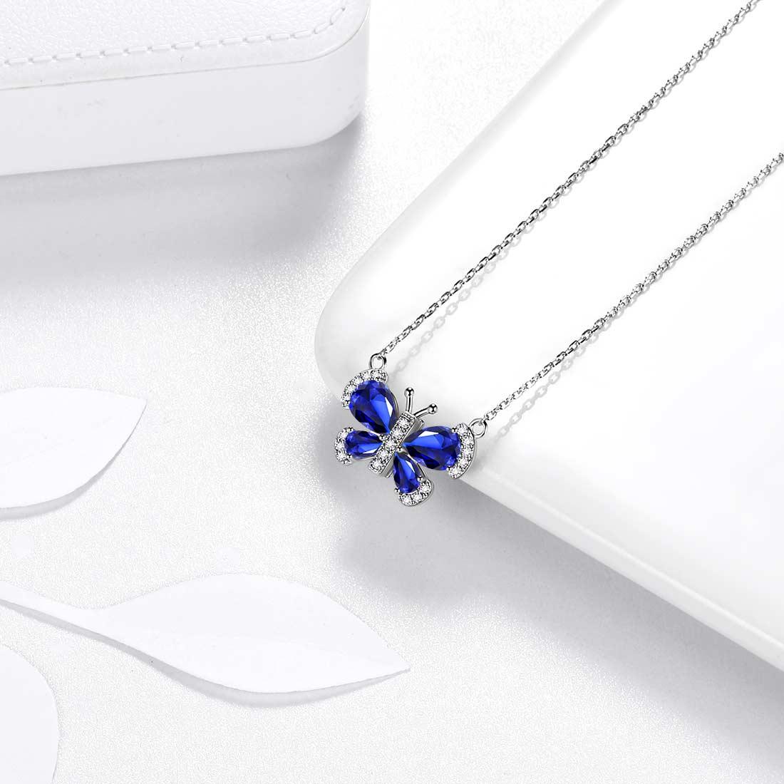 Tokyo Mart Butterfly Necklace Birthstone September Sapphire Pendant Women Girls Jewelry Birthday Gift