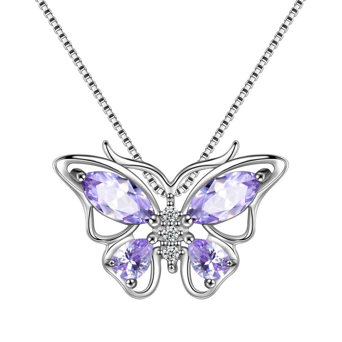 Tokyo Mart Women Butterfly Pendant Necklace 12 Birthstone Girls Birthsday Gift 925 Sterling Silver