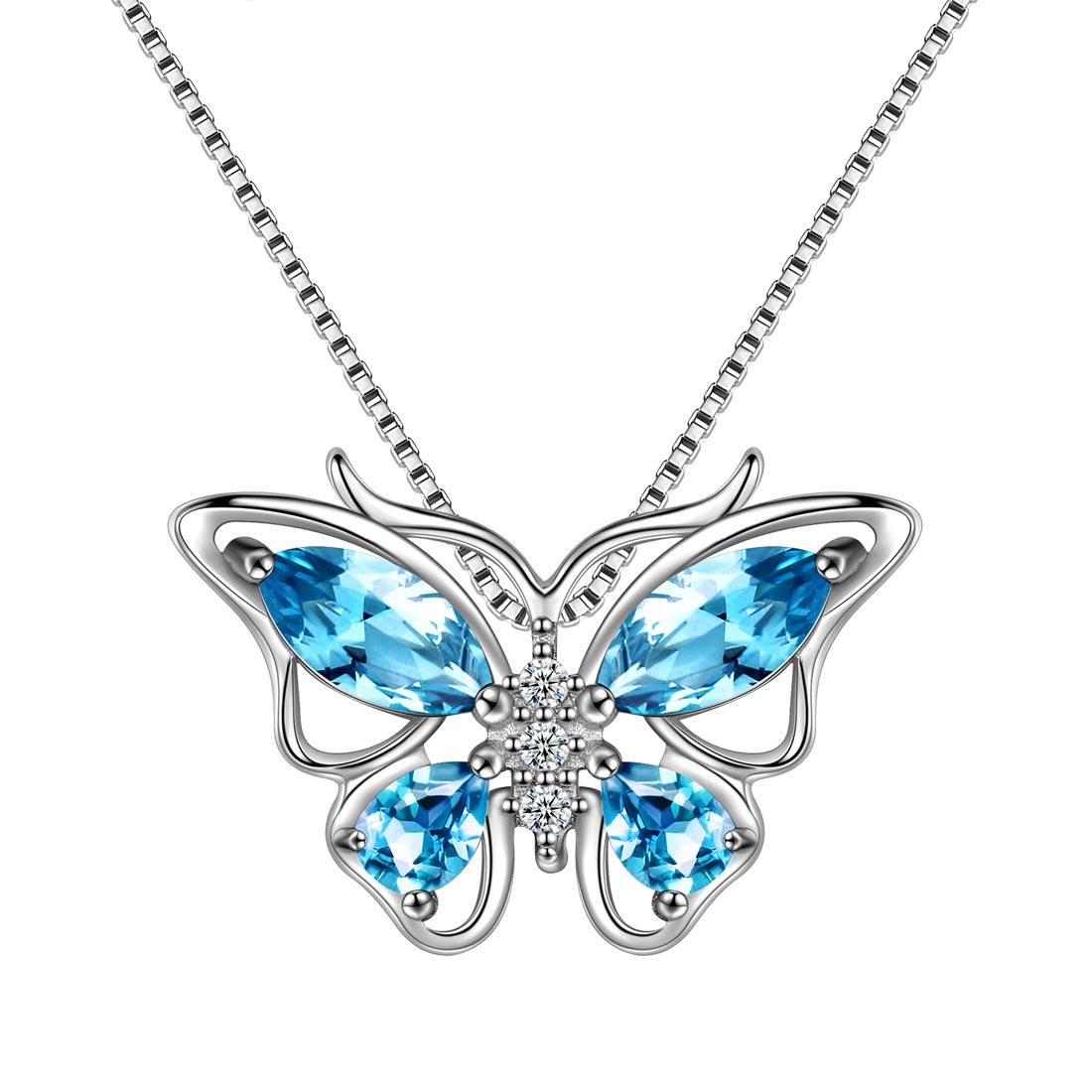 Tokyo Mart Butterfly Pendant Necklace Birthstone March Aquamarine Women Girls Jewelry Birthday Gift