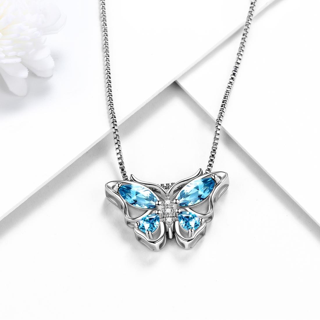 Tokyo Mart Butterfly Pendant Necklace Birthstone March Aquamarine Women Girls Jewelry Birthday Gift