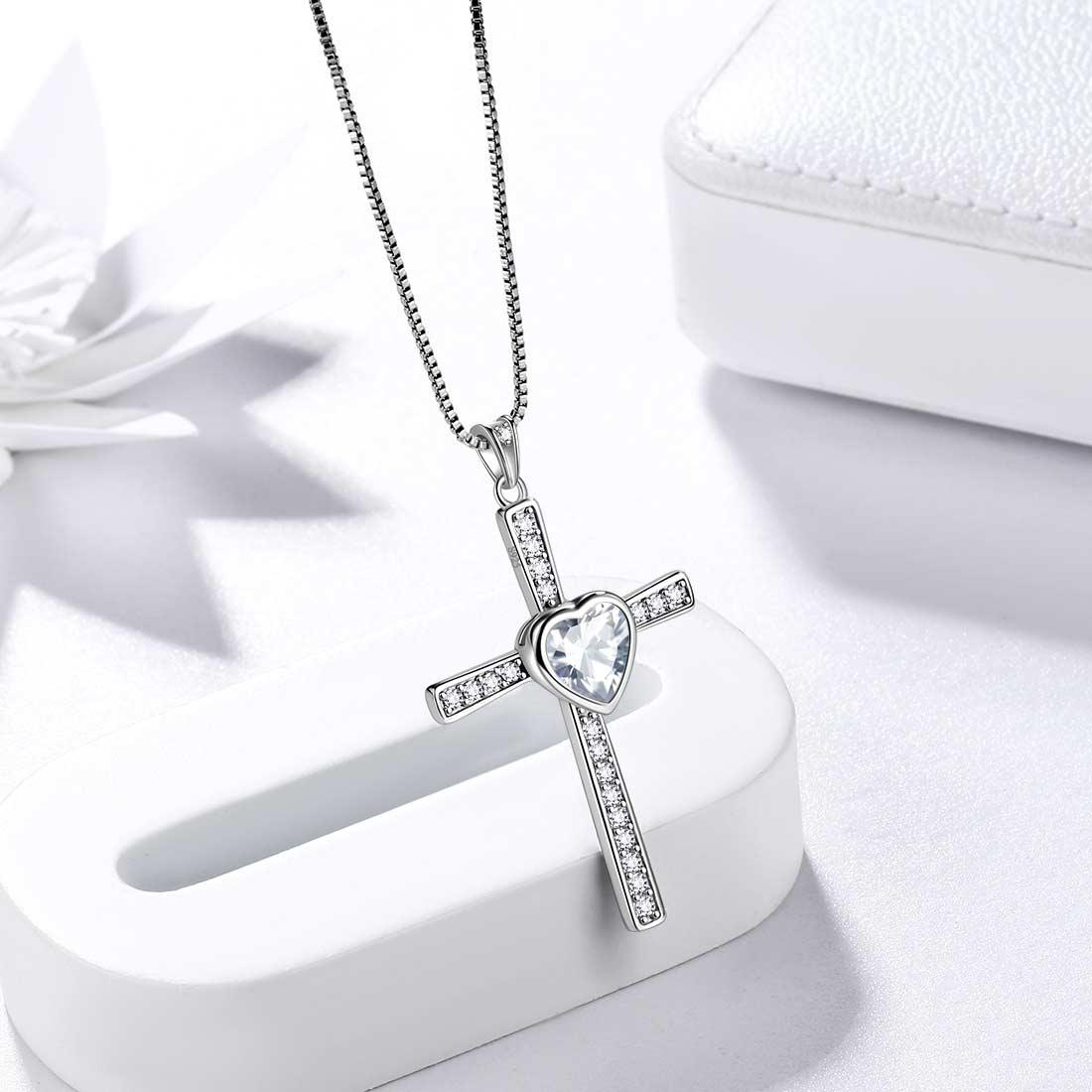 Tokyo Mart Heart Birthstone April Diamond Cross Necklace Pendant Women Girls Jewelry Birthday Gift