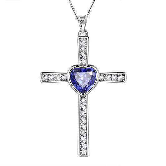 Tokyo Mart Heart Birthstone December Tanzanite Cross Necklace Pendant Women Girls Jewelry Birthday Gift