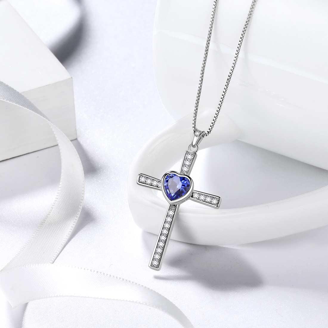 Tokyo Mart Halskette mit Anhänger und Kreuz aus Tansanit mit Geburtsstein für Dezember, für Damen und Mädchen, Schmuck, Geschenk zum Geburtstag