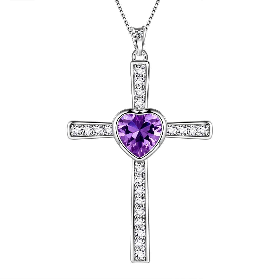 Tokyo Mart Halskette mit Herz-Geburtsstein, Amethyst, Kreuz-Halskette, Anhänger, für Damen und Mädchen, Schmuck, Geburtstagsgeschenk