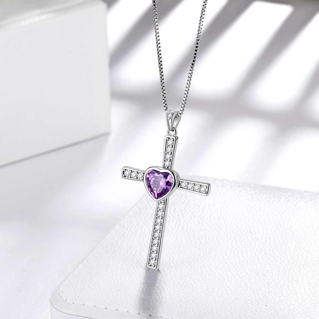 Tokyo Mart Halskette mit Herz-Geburtsstein, Amethyst, Kreuz-Halskette, Anhänger, für Damen und Mädchen, Schmuck, Geburtstagsgeschenk