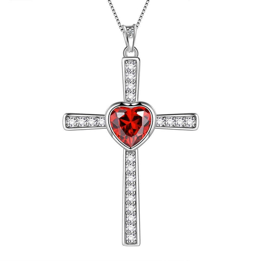 Tokyo Mart Heart Birthstone January Garnet Cross Necklace Pendant Women Girls Jewelry Birthday Gift