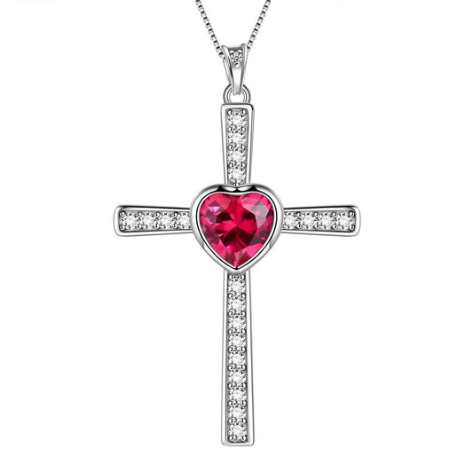 Tokyo Mart Heart Birthstone July Ruby Cross Necklace Pendant Women Girls Jewelry Birthday Gift