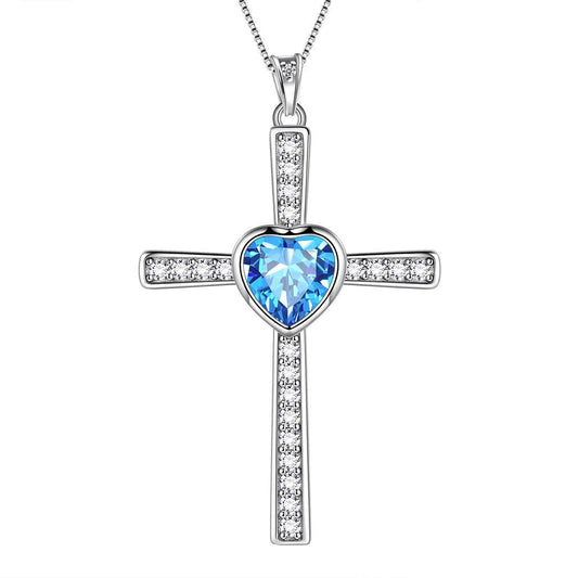 Tokyo Mart Heart Birthstone March Aquamarine Cross Necklace Pendant Women Girls Jewelry Birthday Gift