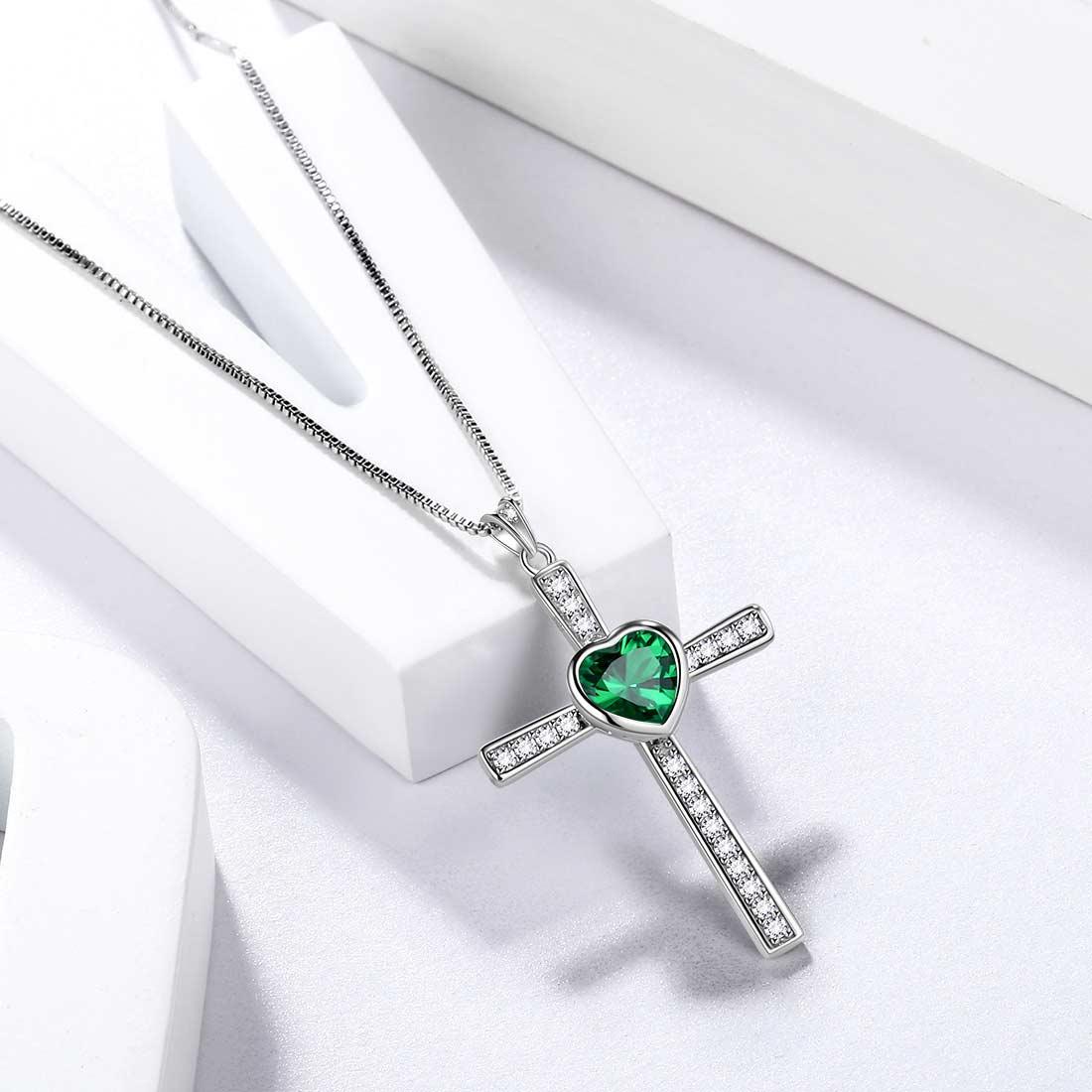 Tokyo Mart Heart Birthstone May Emerald Cross Necklace Pendant Women Girls Jewelry Birthday Gift