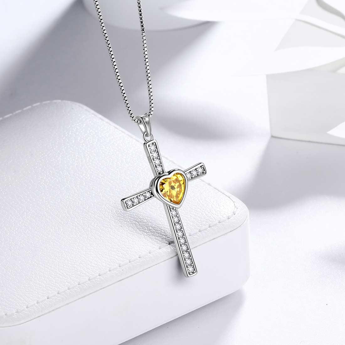 Tokyo Mart Heart Birthstone November Citrine Cross Necklace Pendant Women Girls Jewelry Birthday Gift