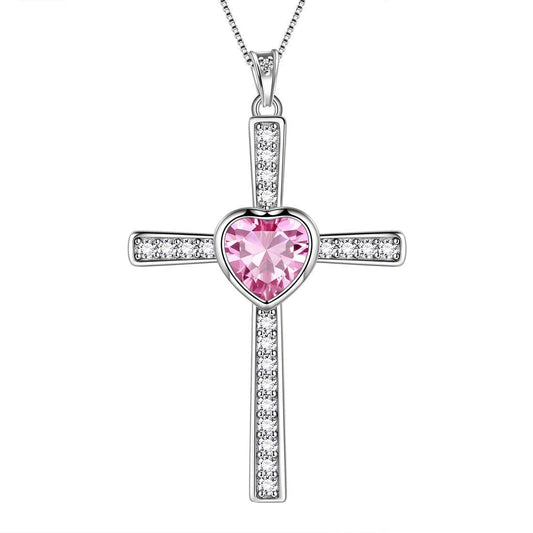 Tokyo Mart Heart Birthstone October Tourmaline Cross Necklace Pendant Women Girls Jewelry Birthday Gift