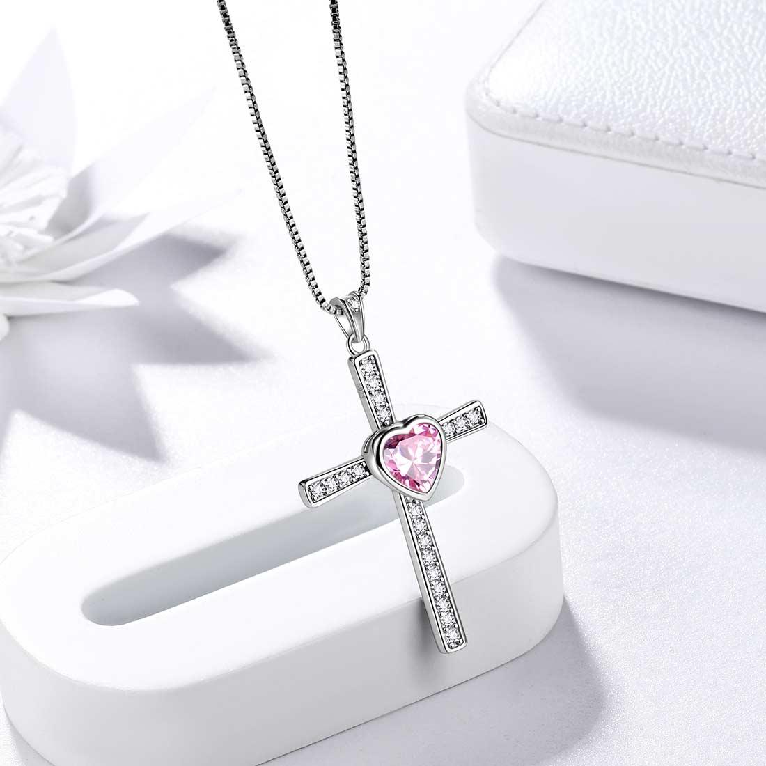 Tokyo Mart Heart Birthstone October Tourmaline Cross Necklace Pendant Women Girls Jewelry Birthday Gift