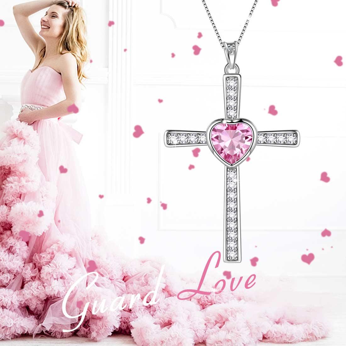 Tokyo Mart Heart Birthstone October Tourmaline Cross Necklace Pendant Women Girls Jewelry Birthday Gift