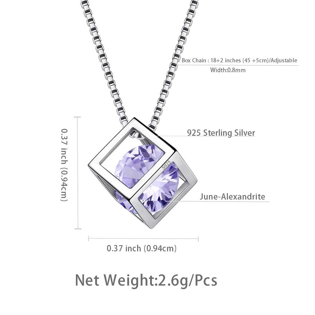 Tokyo Mart 3D Cube Birthstone June Alexandrite Necklace Pendant Women Girls Jewelry Birthday Gift Sterling Silver