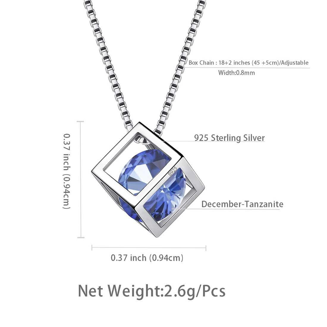 Tokyo Mart 3D Cube Birthstone December Tanzanite Necklace Pendant Women Girls Jewelry Birthday Gift Sterling Silver