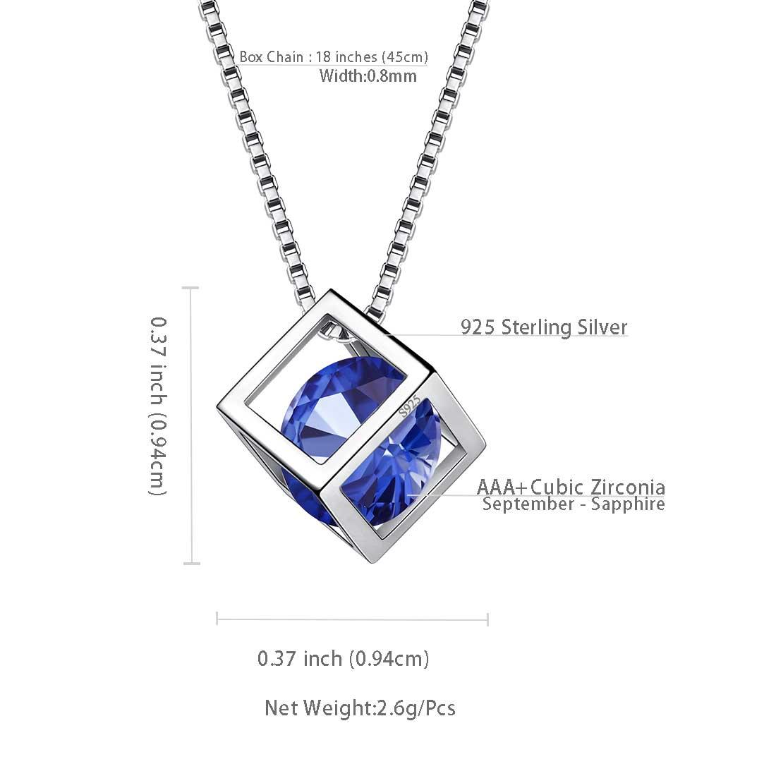 Tokyo Mart 3D Cube Birthstone September Sapphire Necklace Pendant Women Girls Jewelry Birthday Gift Sterling Silver