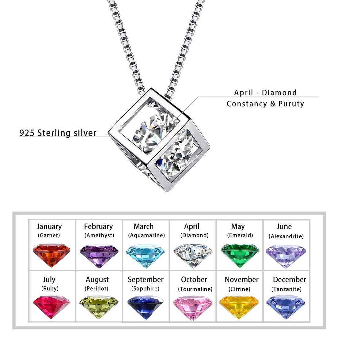 Tokyo Mart 3D Cube Birthstone April Diamond Necklace Pendant Women Girls Jewelry Birthday Gift Sterling Silver