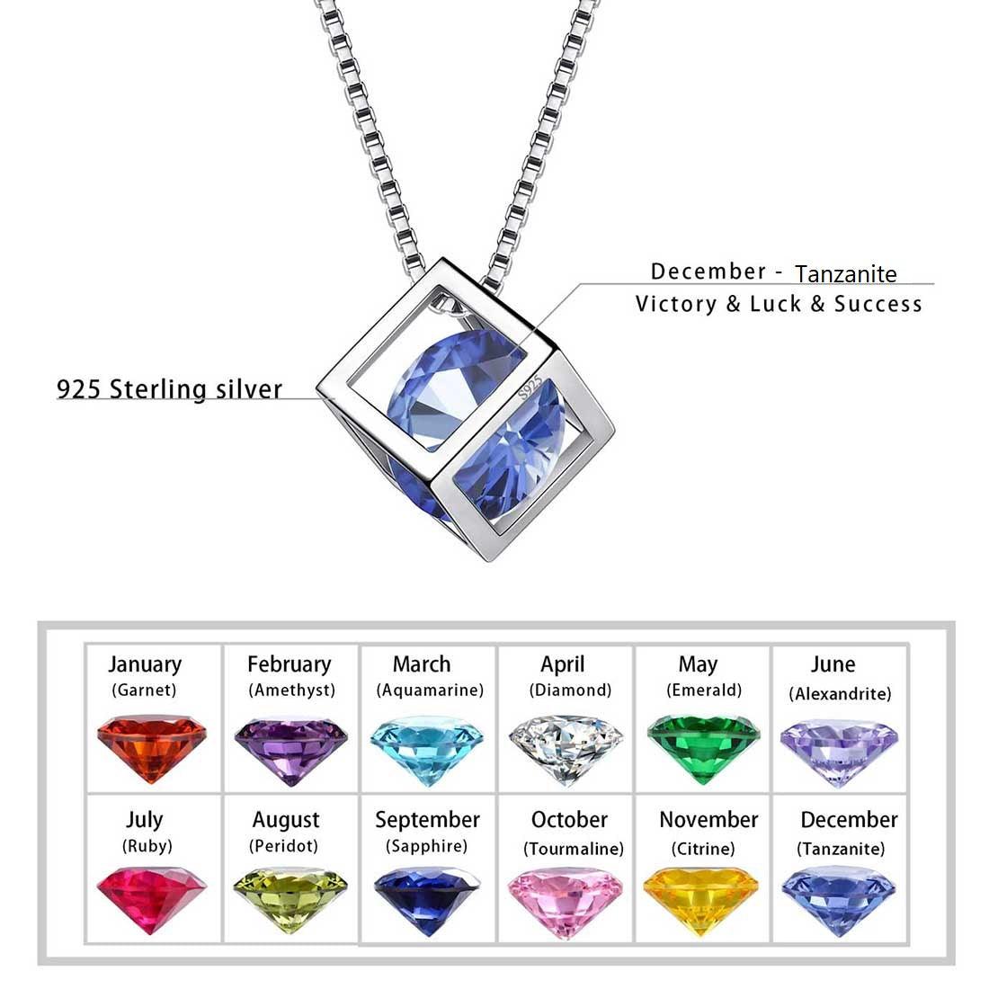 Tokyo Mart 3D Cube Birthstone December Tanzanite Necklace Pendant Women Girls Jewelry Birthday Gift Sterling Silver