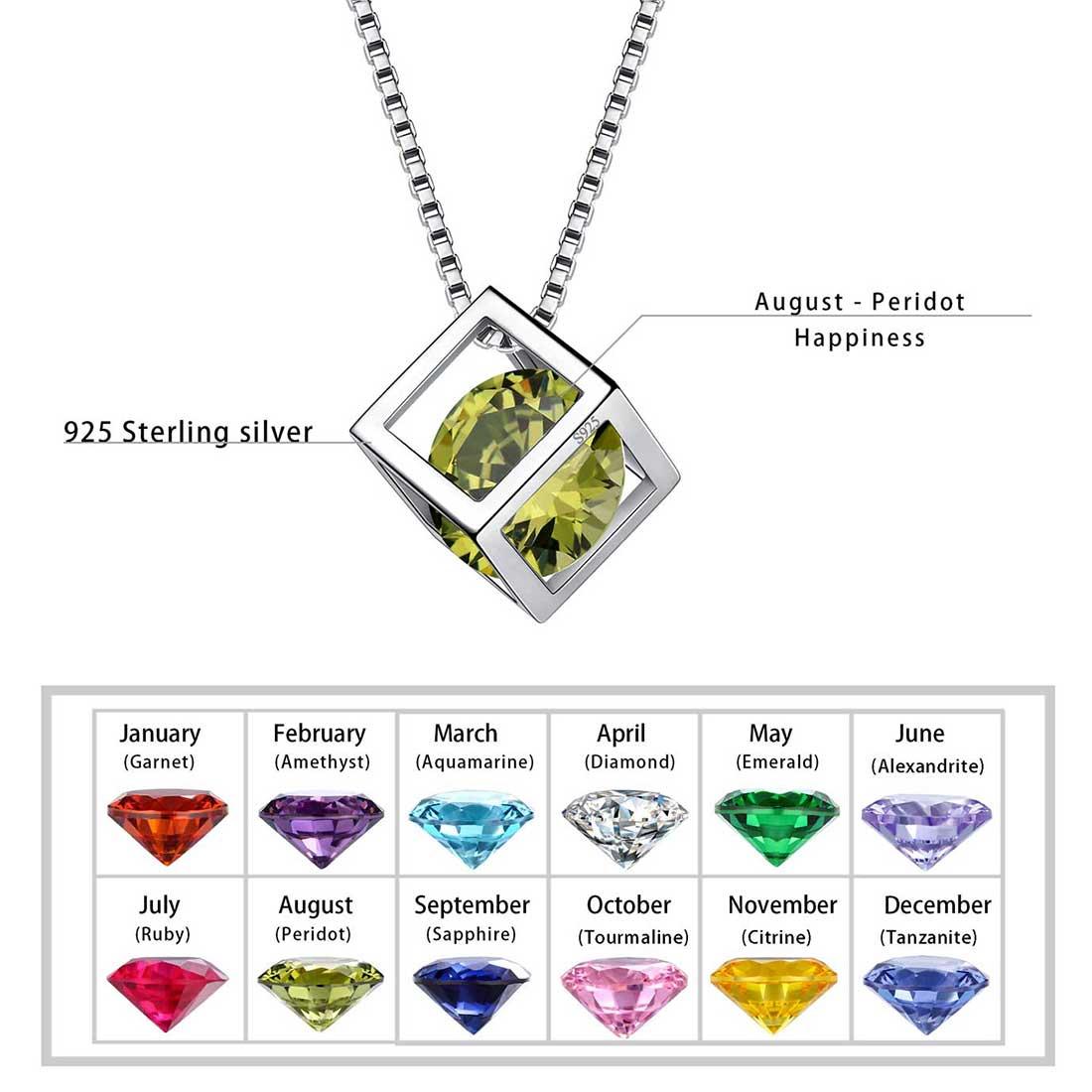 Tokyo Mart 3D Cube Birthstone August Peridot Necklace Pendant Women Girls Jewelry Birthday Gift Sterling Silver