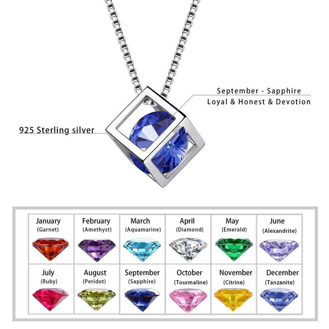 Tokyo Mart 3D Cube Birthstone September Sapphire Necklace Pendant Women Girls Jewelry Birthday Gift Sterling Silver