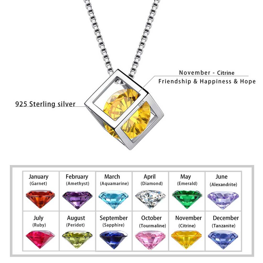 Tokyo Mart 3D Cube Birthstone November Citrine Necklace Pendant Women Girls Jewelry Birthday Gift Sterling Silver