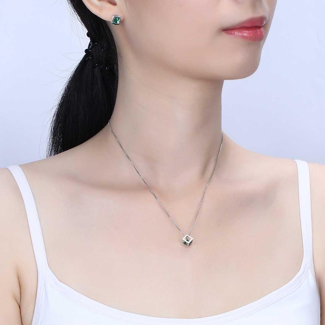 Tokyo Mart 3D Cube Birthstone May Emerald Necklace Pendant Women Girls Jewelry Birthday Gift