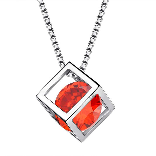 Tokyo Mart 3D Cube Birthstone January Garnet Necklace Pendant Women Girls Jewelry Birthday Gift Sterling Silver